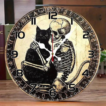 Gothic Skull and Black Cat Wooden Wall Clock Halloween Wall Decor-MoonChildWorld