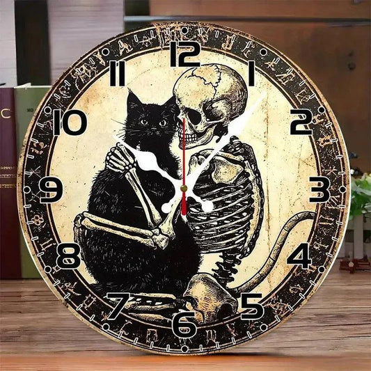 Gothic Skull and Black Cat Wooden Wall Clock Halloween Wall Decor-MoonChildWorld