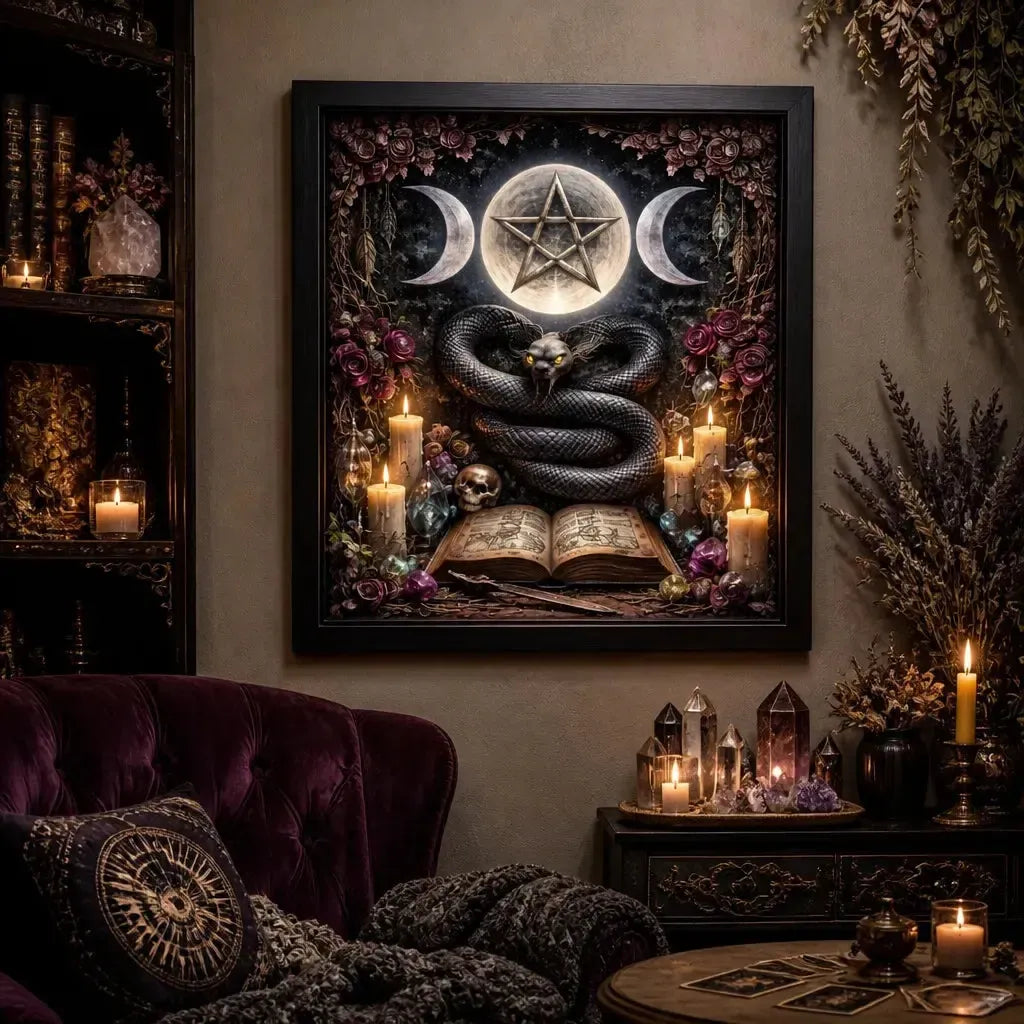 Gothic Snake Canvas Wall Art with Triple Moon Pentagram - Black Framed Print for Witchy Altar & Sacred Space_mockup_1.webp