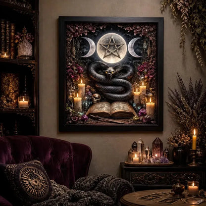 Gothic Snake Canvas Wall Art with Triple Moon Pentagram - Black Framed Print for Witchy Altar & Sacred Space_mockup_1.webp