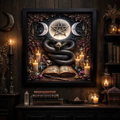 Gothic Snake Canvas Wall Art with Triple Moon Pentagram - Black Framed Print for Witchy Altar & Sacred Space_mockup_2.webp