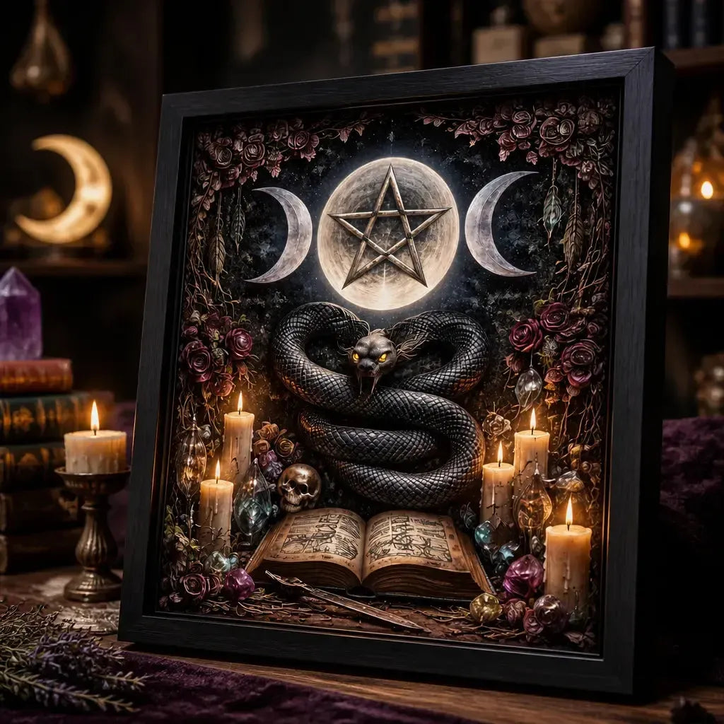 Gothic Snake Canvas Wall Art with Triple Moon Pentagram - Black Framed Print for Witchy Altar & Sacred Space_mockup_3.webp