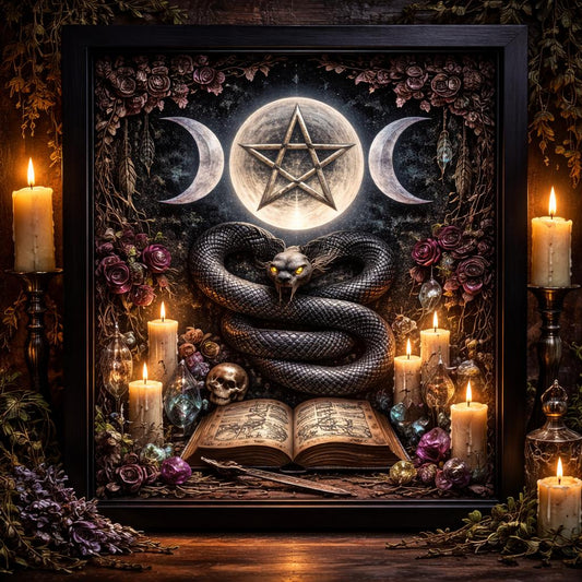 Black framed Gothic snake canvas art with triple moon pentagram, candles, and open spellbook.