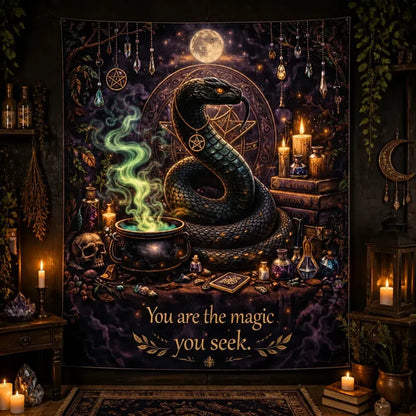 Gothic Snake Witchy Halloween Tapestry with Skull – Dark Witch Occult Wall Hanging_mockup_2.webp