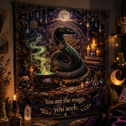 Gothic Snake Witchy Halloween Tapestry with Skull – Dark Witch Occult Wall Hanging_mockup_3.webp
