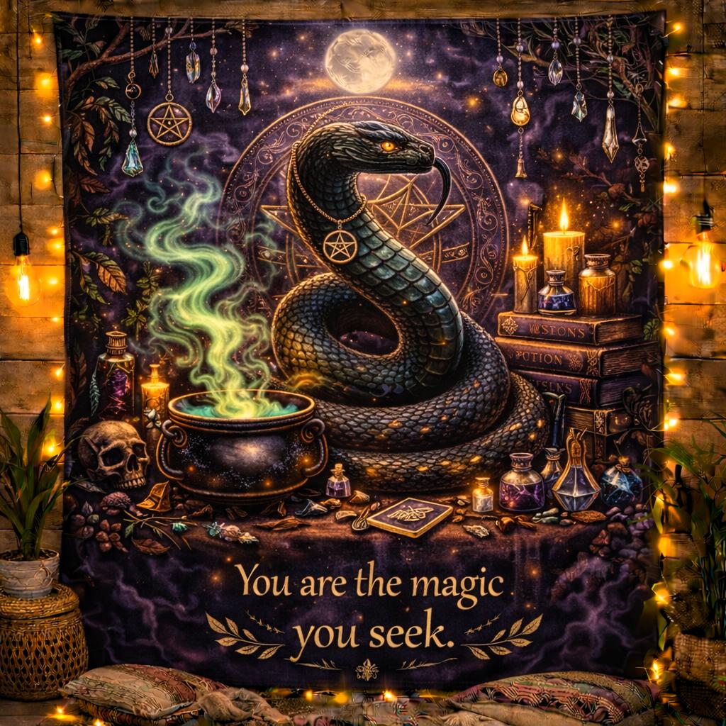 Gothic Snake Witchy Halloween Tapestry with Skull – Dark Witch Occult Wall Hanging-MoonChildWorld