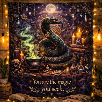 Dark witchy tapestry with a coiled snake, skull, smoking cauldron, candles, and "You are the magic you seek." text.