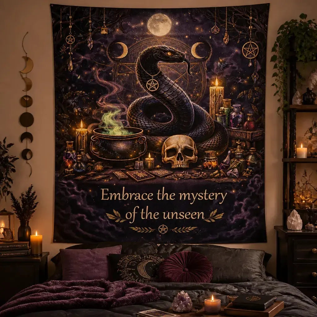 Gothic Snake Witchy Tapestry with Skull, Triple Moon – Dark Witch Occult Wall Hanging_mockup_1.webp