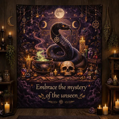 Gothic Snake Witchy Tapestry with Skull, Triple Moon – Dark Witch Occult Wall Hanging_mockup_2.webp