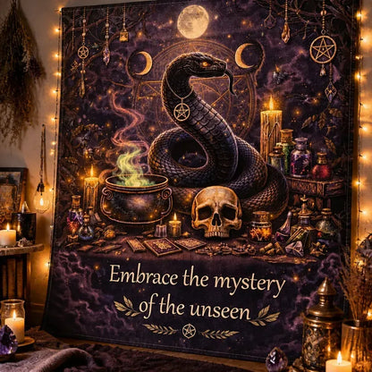 Gothic Snake Witchy Tapestry with Skull, Triple Moon – Dark Witch Occult Wall Hanging_mockup_3.webp