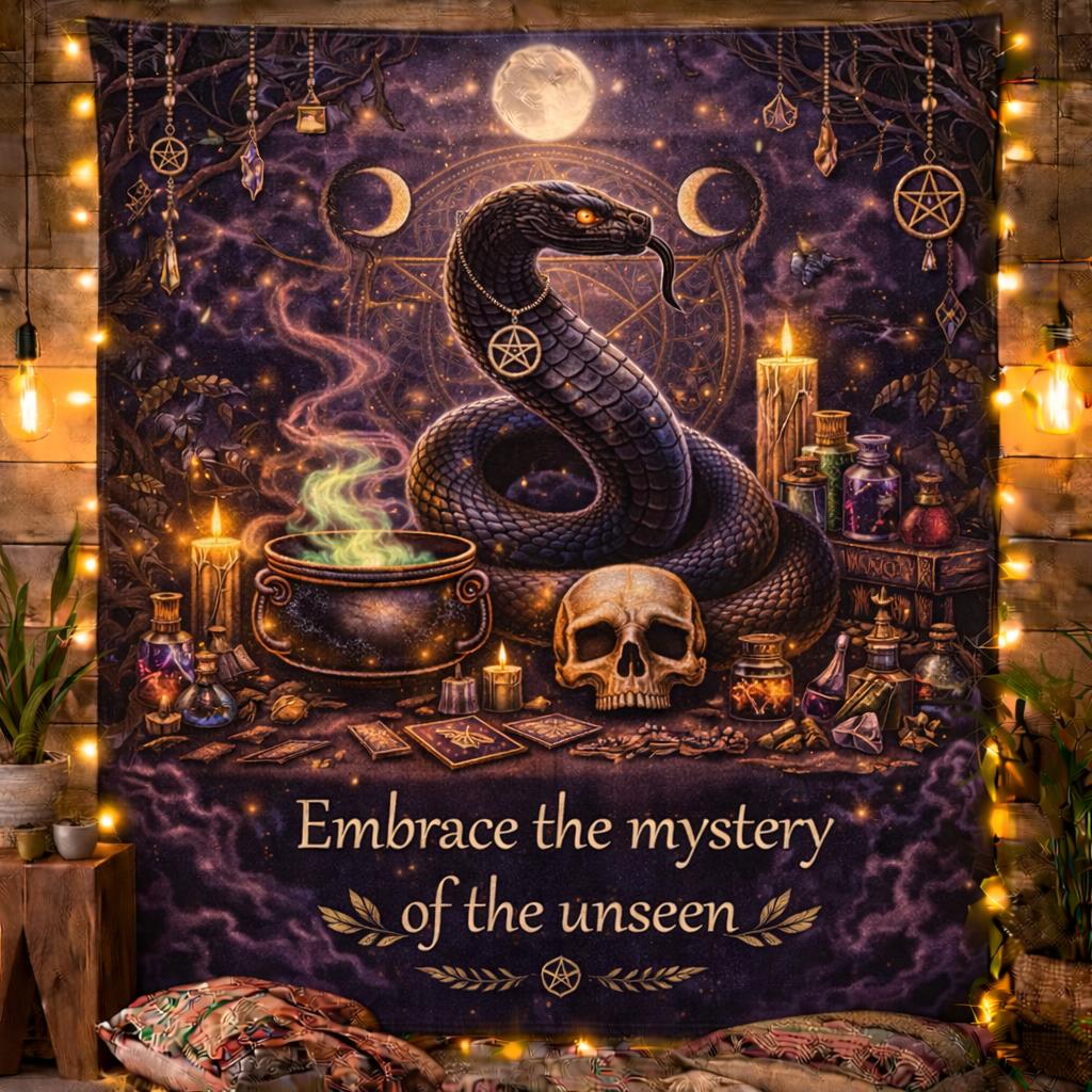 Gothic Snake Witchy Tapestry with Skull, Triple Moon – Dark Witch Occult Wall Hanging-MoonChildWorld