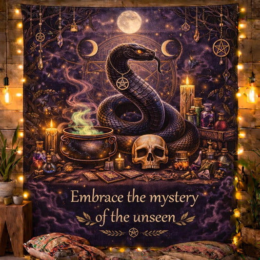 Dark witchy tapestry with a black snake, skull, triple moon, candles, and "Embrace the mystery of the unseen" text.