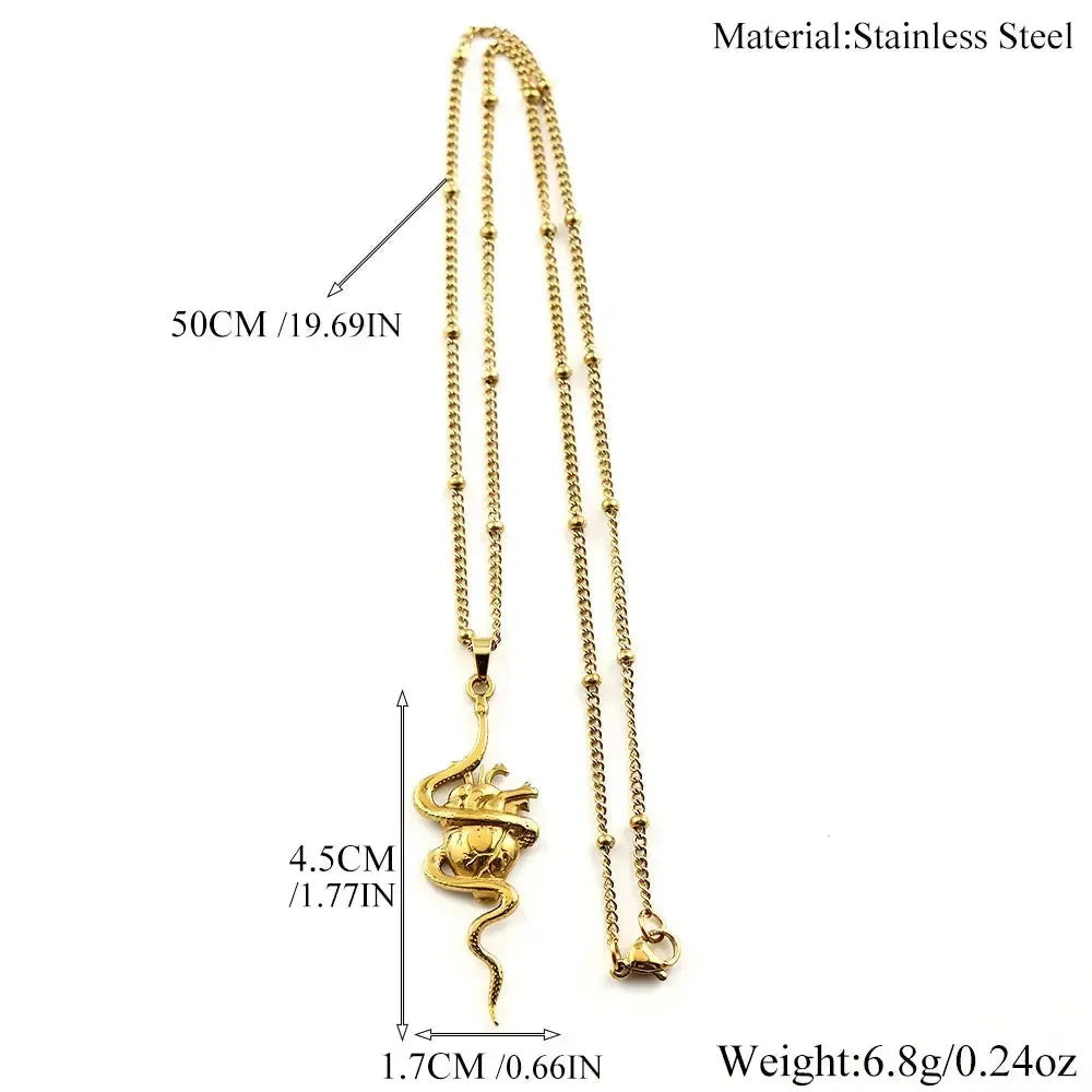Gold necklace with measurements and material information on a white background