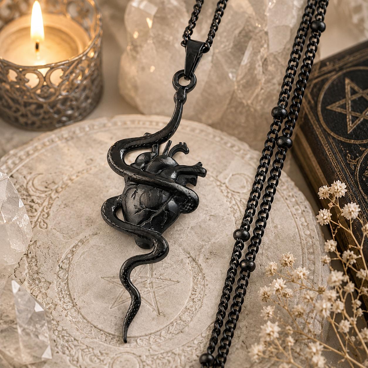 Gothic Snake Wrapped Heart Pendant Necklace Witchy Jewelry-MoonChildWorld
