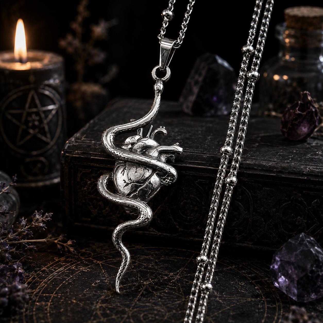 Gothic Snake Wrapped Heart Pendant Necklace Witchy Jewelry-MoonChildWorld
