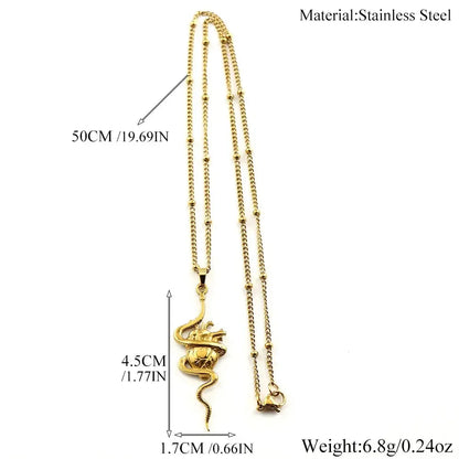 Gold necklace with measurements and material information on a white background