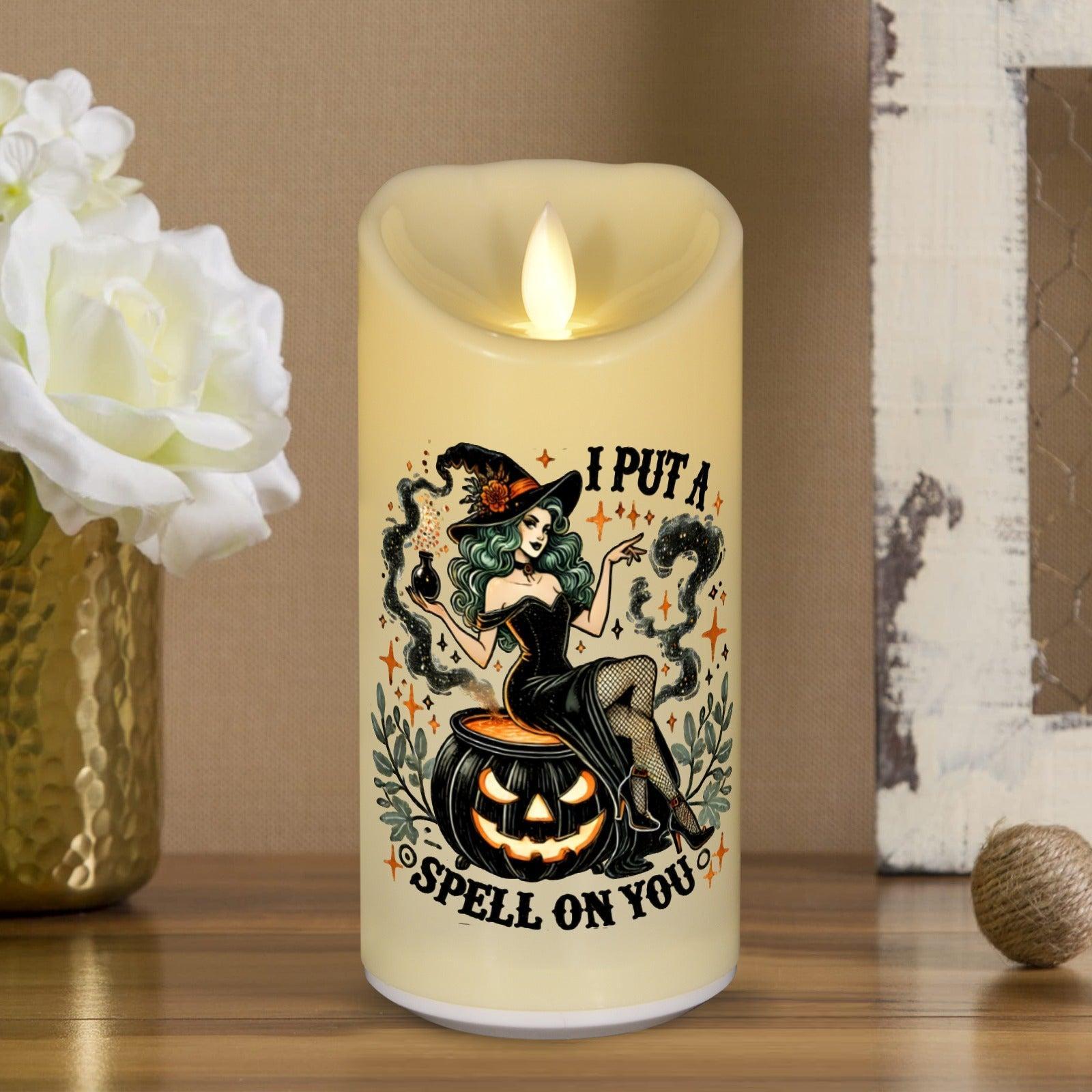 Gothic Spell Witch & Pumpkin Spooky Halloween Flameless LED Candle-MoonChildWorld