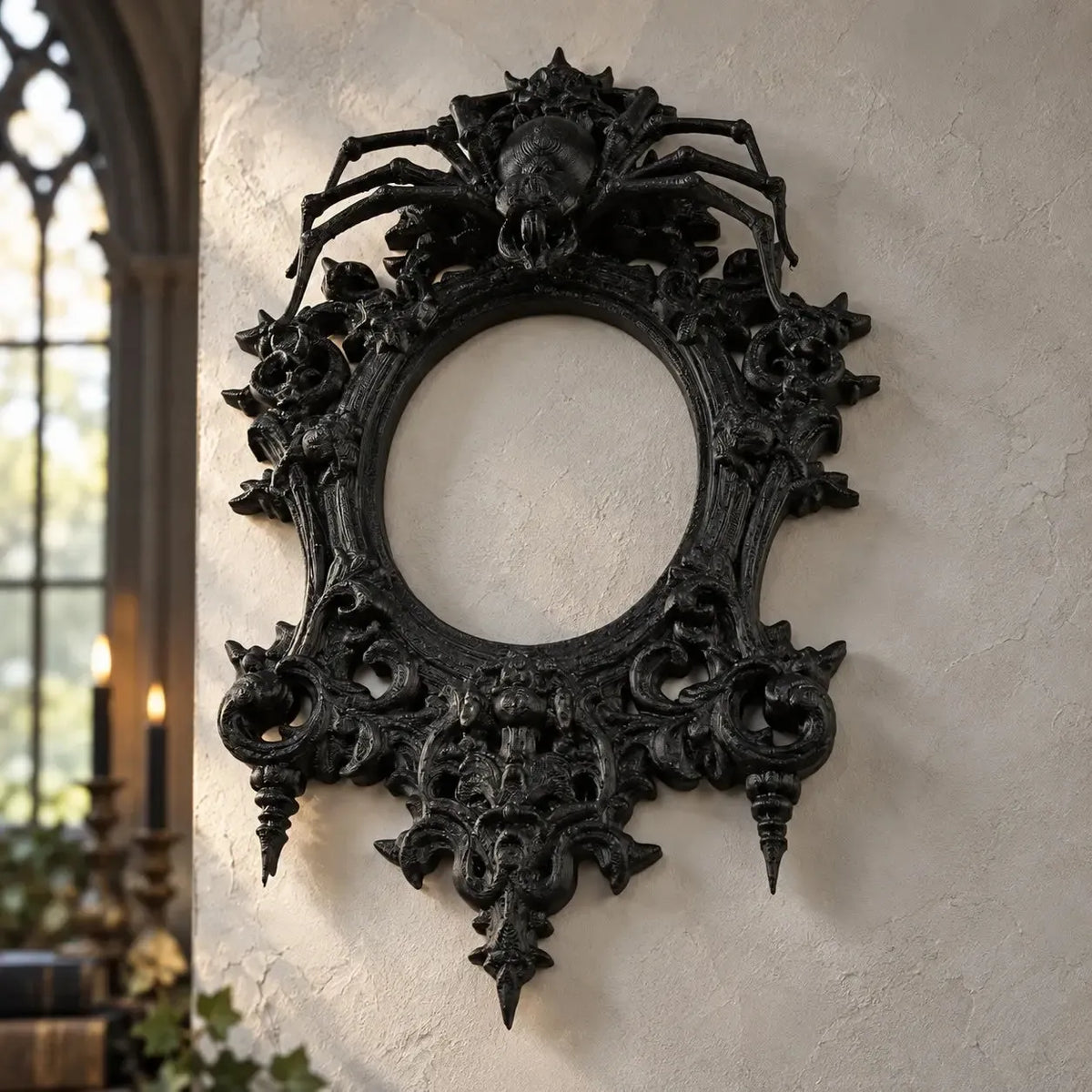 Spider wall frame angled view showing raised floral scrollwork