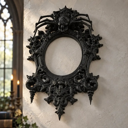 Spider wall frame angled view showing raised floral scrollwork