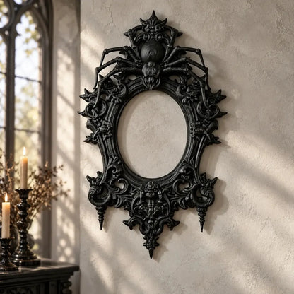 Gothic spider wall frame displayed above a chair