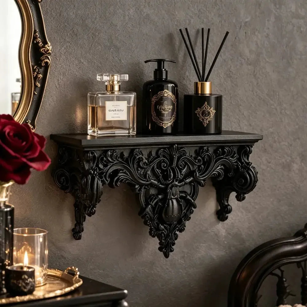 Gothic spider wall shelf styled with decorative bottles and a reed diffuser