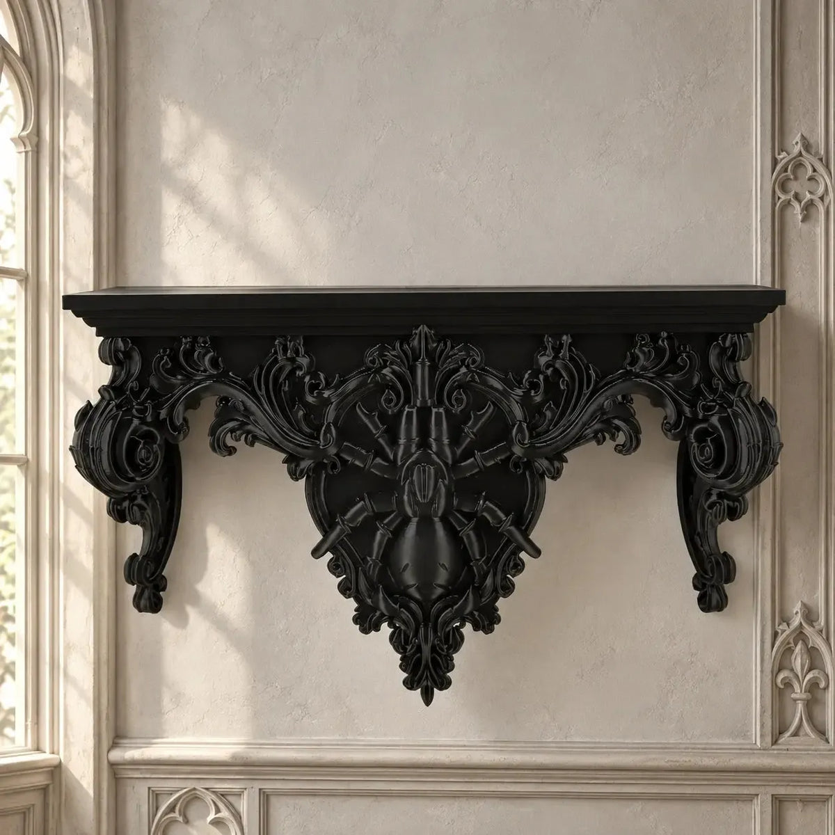 Gothic spider wall shelf front view showing baroque scrollwork in a bright gothic room