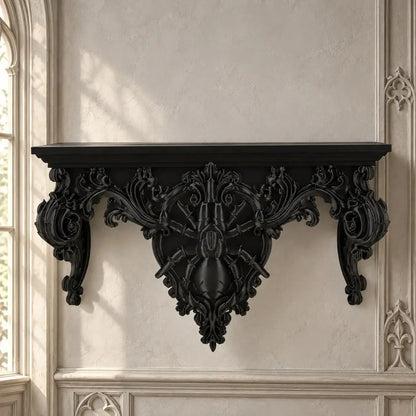 Gothic spider wall shelf front view showing baroque scrollwork in a bright gothic room