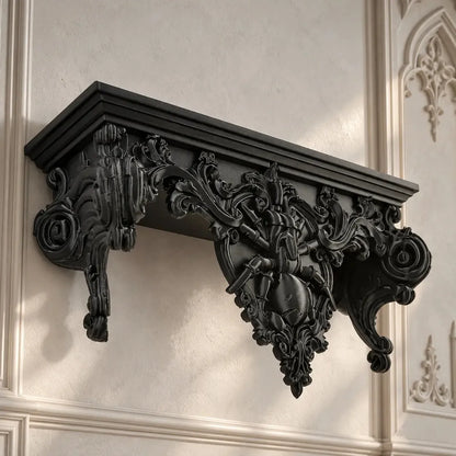 Spider wall shelf angled view showing sculptural spider relief in a bright gothic room