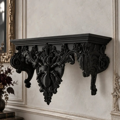 Spider wall shelf angled view showing ledge and ornate supports in a bright gothic room