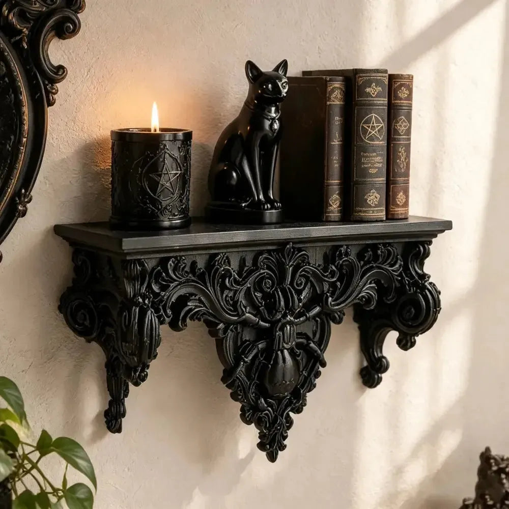 Gothic spider wall shelf styled with a cat figurine, books and a candle