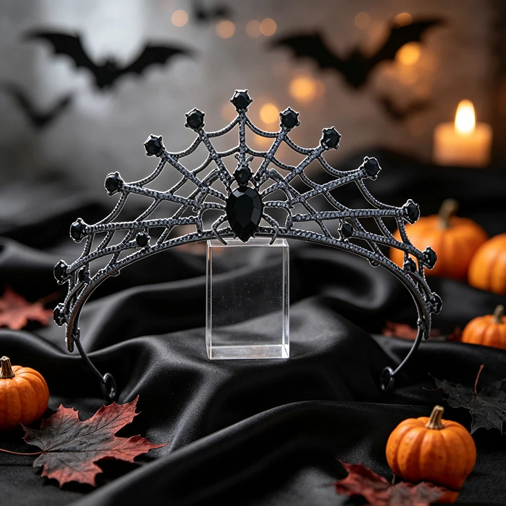 Gothic Spider Web Crown Rhinestone Halloween Tiara-MoonChildWorld