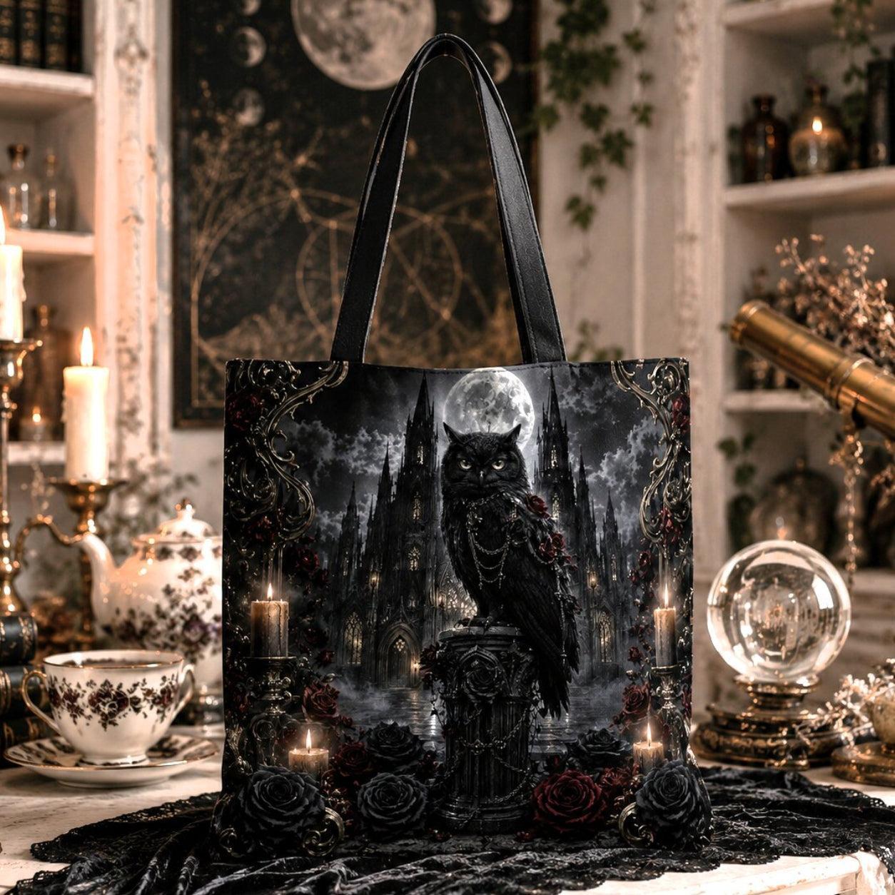 Gothic tote bag design featuring an owl with a jeweled pendant, perched on a stone pillar, with a full moon and gothic castle in the background, surrounded by candles and roses.