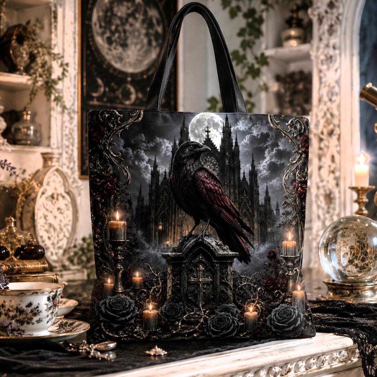 Gothic tote bag design featuring a raven perched on a stone cross gravestone, with a gothic castle, full moon, candles and roses.