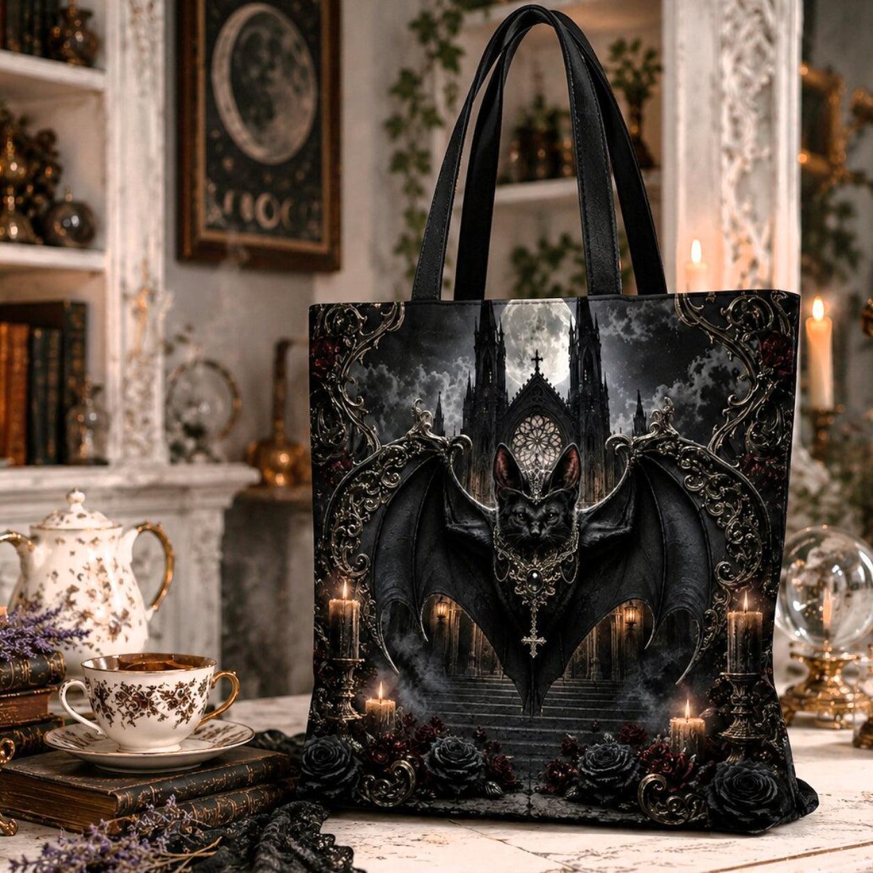 Gothic tote bag design featuring a winged bat with a cross pendant, perched above gothic castle stairs, surrounded by candles and roses.