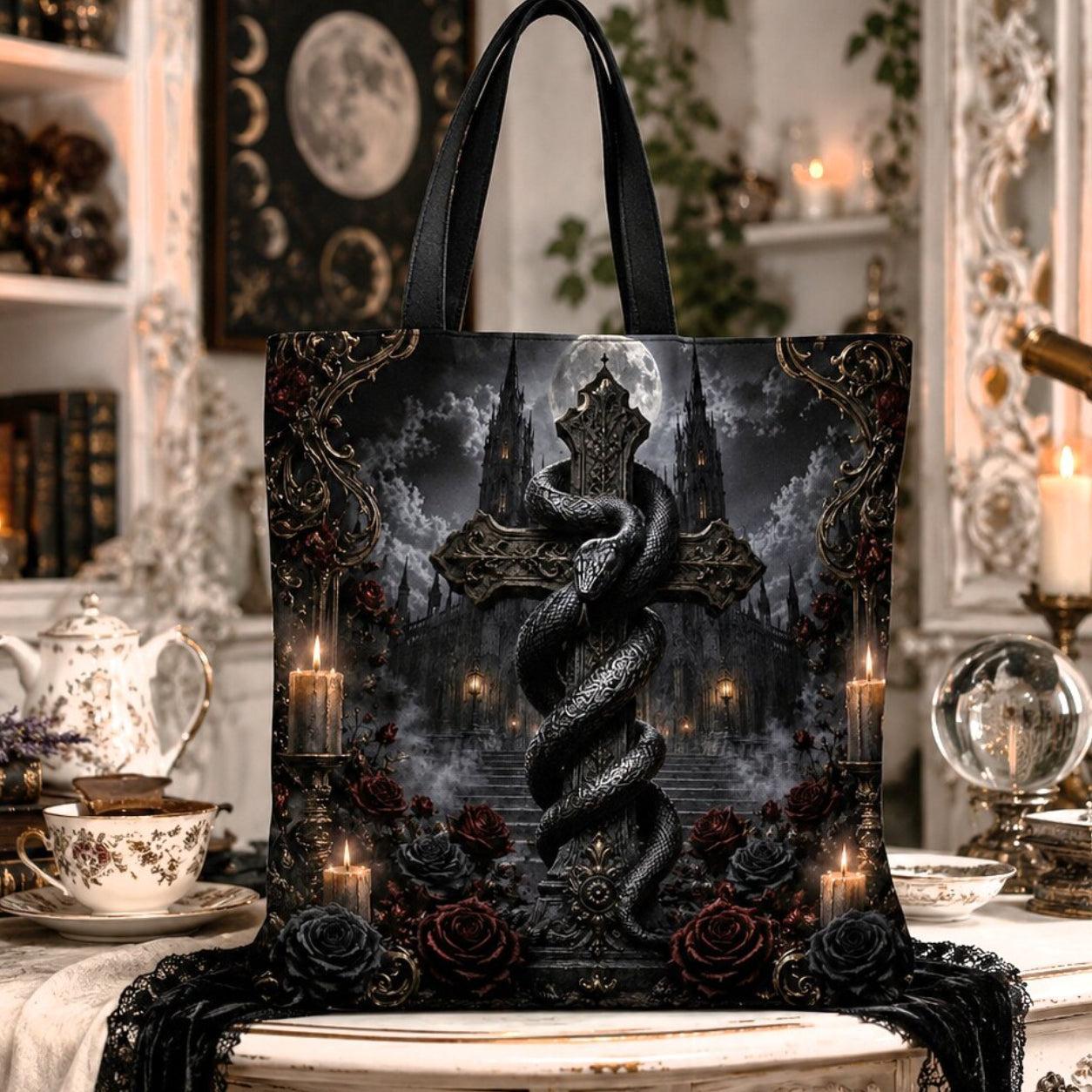 Gothic tote bag design featuring a coiled snake wrapped around a stone cross, with gothic castle stairs, full moon, candles and roses.