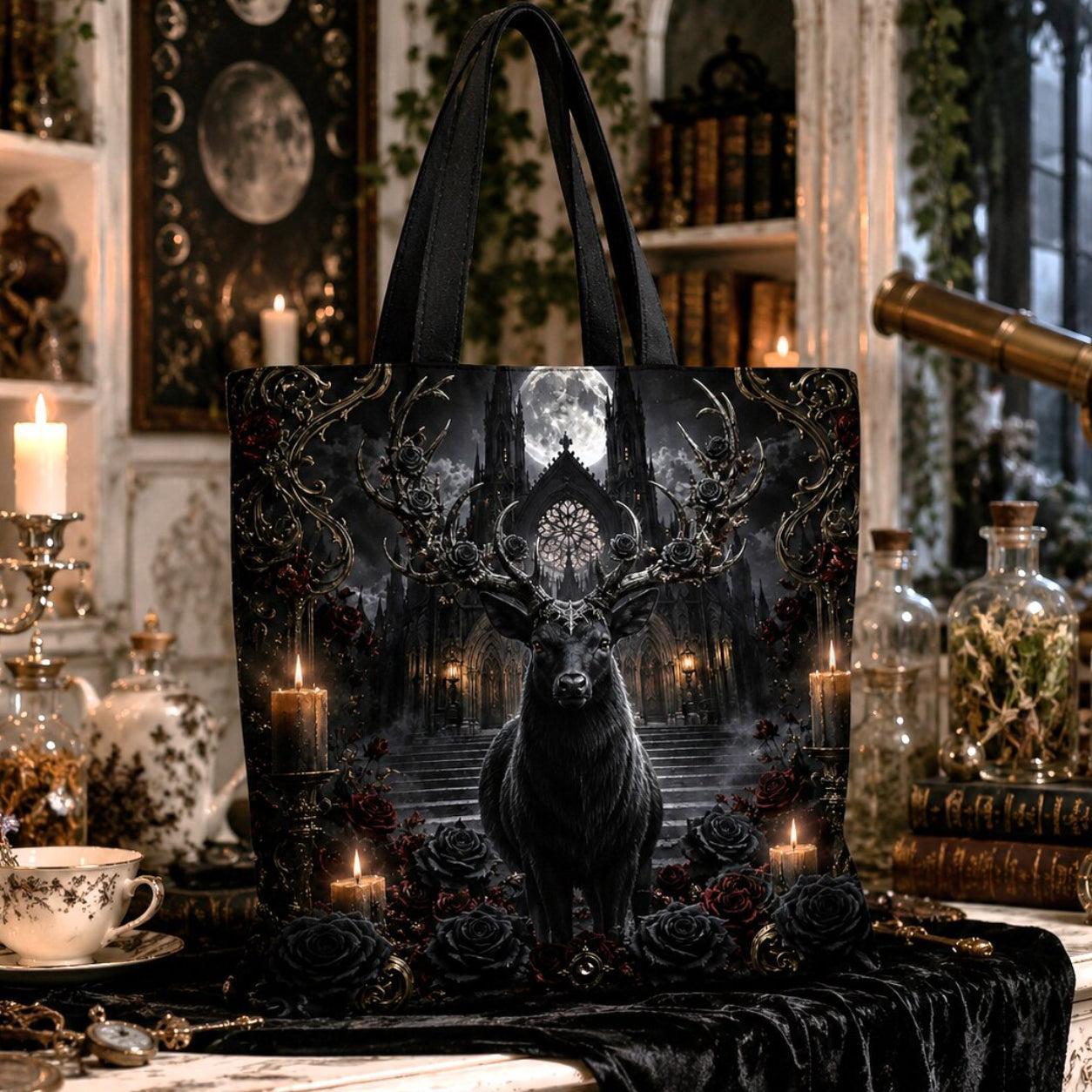Gothic tote bag design featuring a stag with large antlers adorned with roses, standing before gothic castle stairs, full moon, candles and roses.