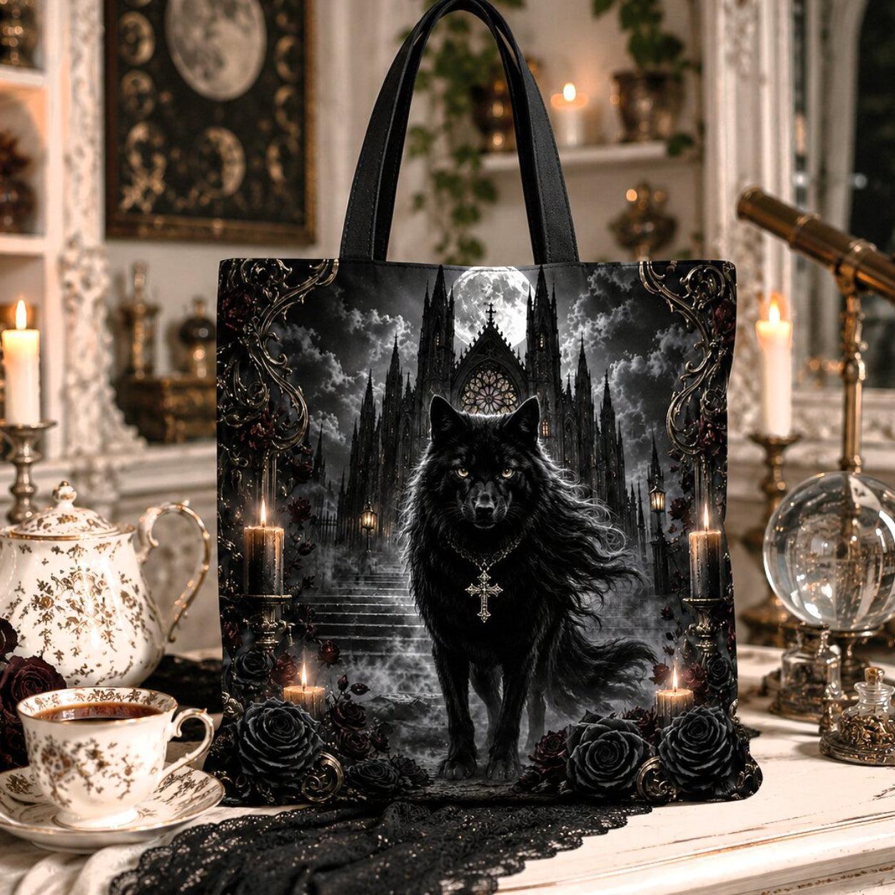Gothic tote bag design featuring a wolf with a cross pendant standing before gothic castle stairs, full moon, candles and roses.