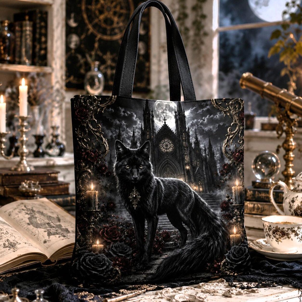 Gothic tote bag design featuring a fox with a cross pendant collar, standing before gothic castle stairs, full moon, candles and roses.