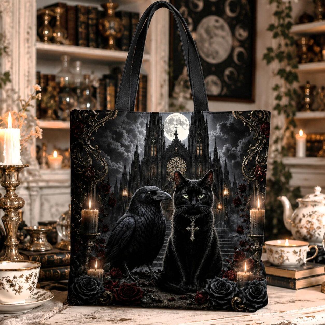 Gothic tote bag design featuring a black cat with a cross pendant beside a raven, perched on gothic castle stairs, full moon, candles and roses.