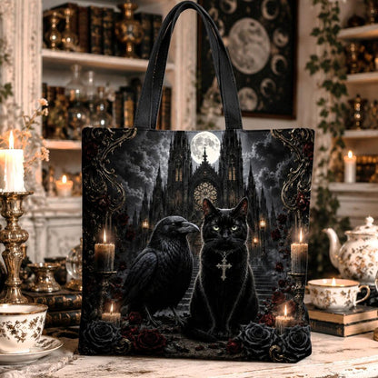 Gothic tote bag design featuring a black cat with a cross pendant beside a raven, perched on gothic castle stairs, full moon, candles and roses.