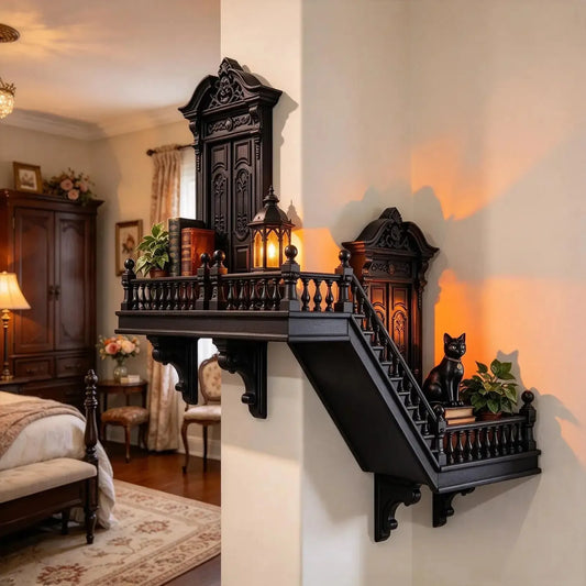 A decorative black wooden staircase wall shelf mounted on a cream wall, styled with a lantern, books, a black cat figurine, and a potted plant in a warmly lit bedroom setting.