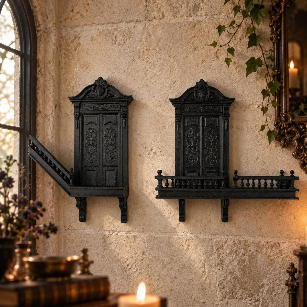 Front view of the two architectural sections: Gothic Staircase Corner Wall Shelf, featuring miniature doorways, balcony rails and a descending staircase.