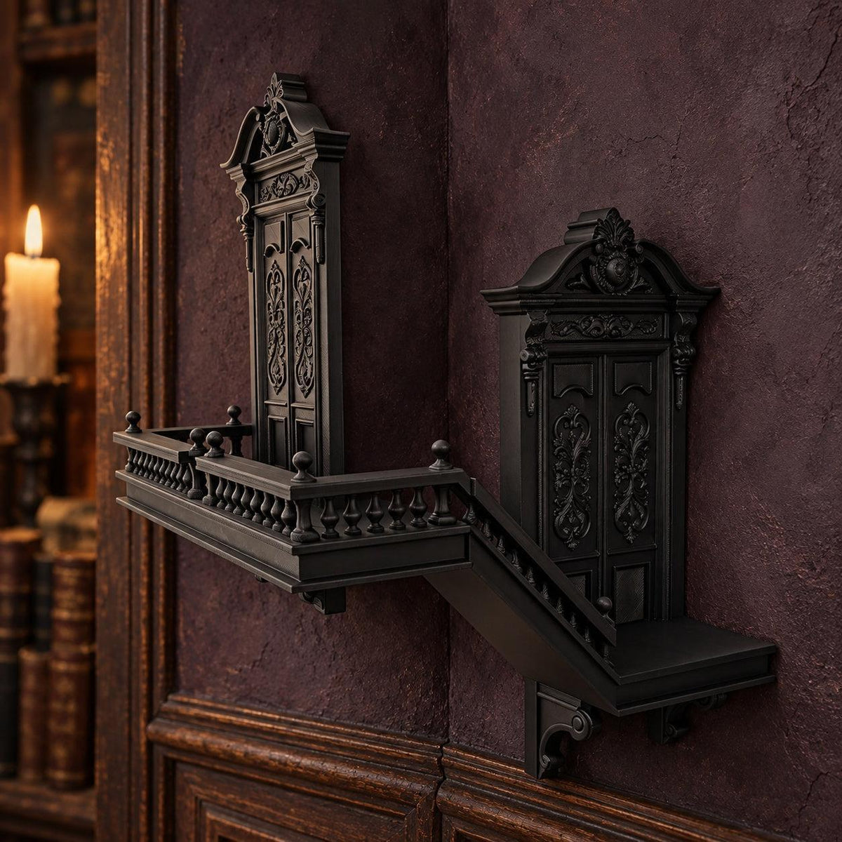 Gothic staircase corner shelf mounted on a plum gothic room wall with detailed black relief and realistic shadows.