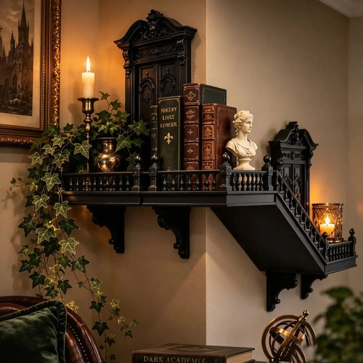Styled on a wall with plants and warm lighting: Gothic Staircase Corner Wall Shelf, featuring miniature doorways, balcony rails and a descending staircase.