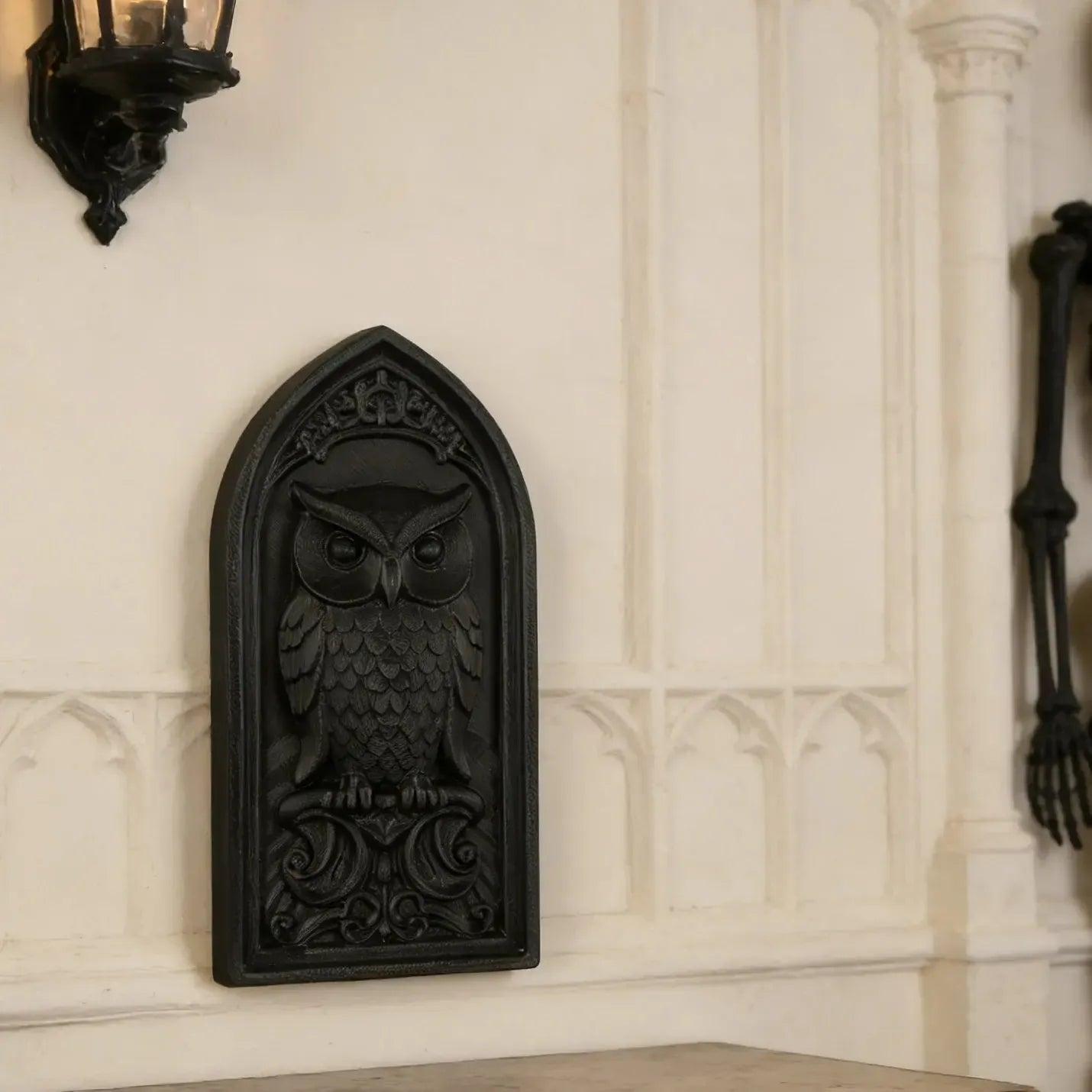 Gothic Style Arch Owl Relief Wall Plaque For Witchy Wall Decor-MoonChildWorld