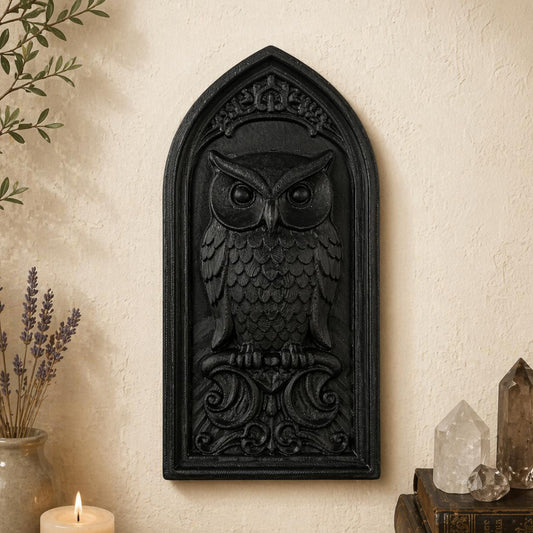 Gothic Style Arch Owl Relief Wall Plaque For Witchy Wall Decor-MoonChildWorld