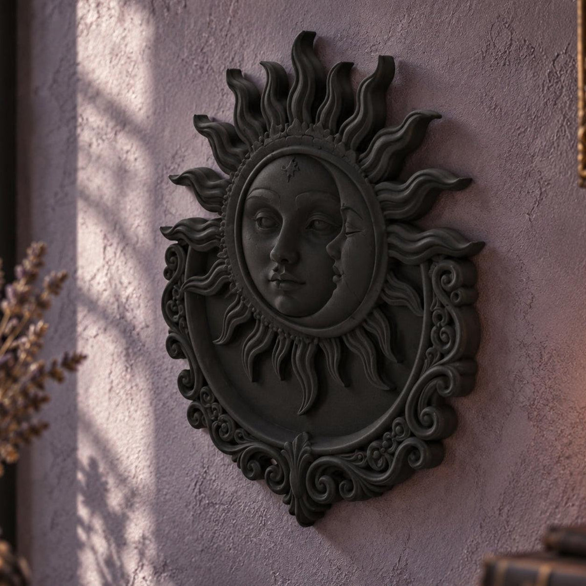 Gothic Sun Moon Face Wall Plaque displayed in a realistic gothic witchy room, detailed view with natural shine and shadows.