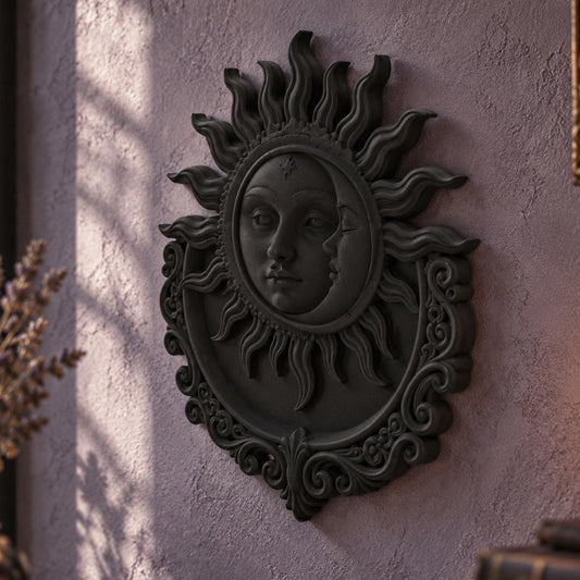 Gothic Sun Moon Face Wall Plaque displayed in a realistic gothic witchy room, detailed view with natural shine and shadows.