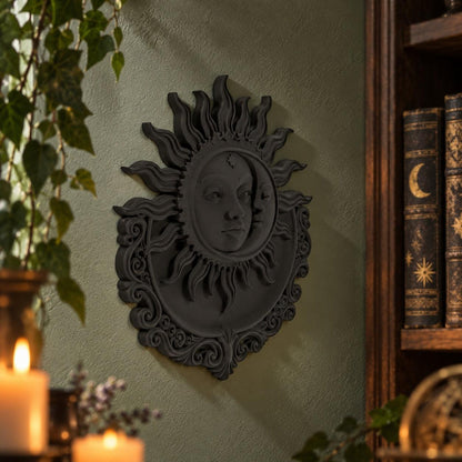 Gothic Sun Moon Face Wall Plaque displayed in a realistic gothic witchy room, detailed view with natural shine and shadows.