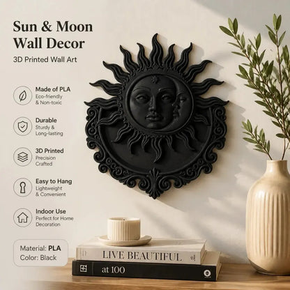 Styled celestial wall display: Gothic Sun Moon Face Wall Plaque, featuring interlocking sun and crescent moon faces, flowing rays and ornamental scrolls.